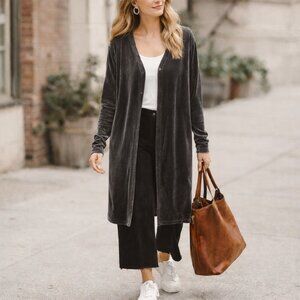 Women's Y2K Linda Leal Long Cardigan Grey Velour Knit Size Med Capsule Wardrobe